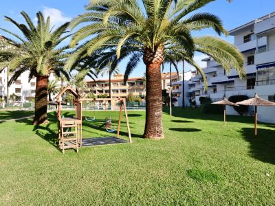 Lush communal garden featuring a children's playground with swings, mature palm trees, and two straw parasols, set against residential buildings under a clear blue sky.