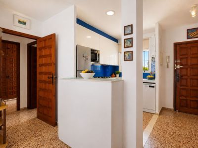 The entrance hallway showcases unique patterned floor tiles and classic wooden doors. A modern kitchen with a blue backsplash and white units is visible, separated by a functional half-wall.