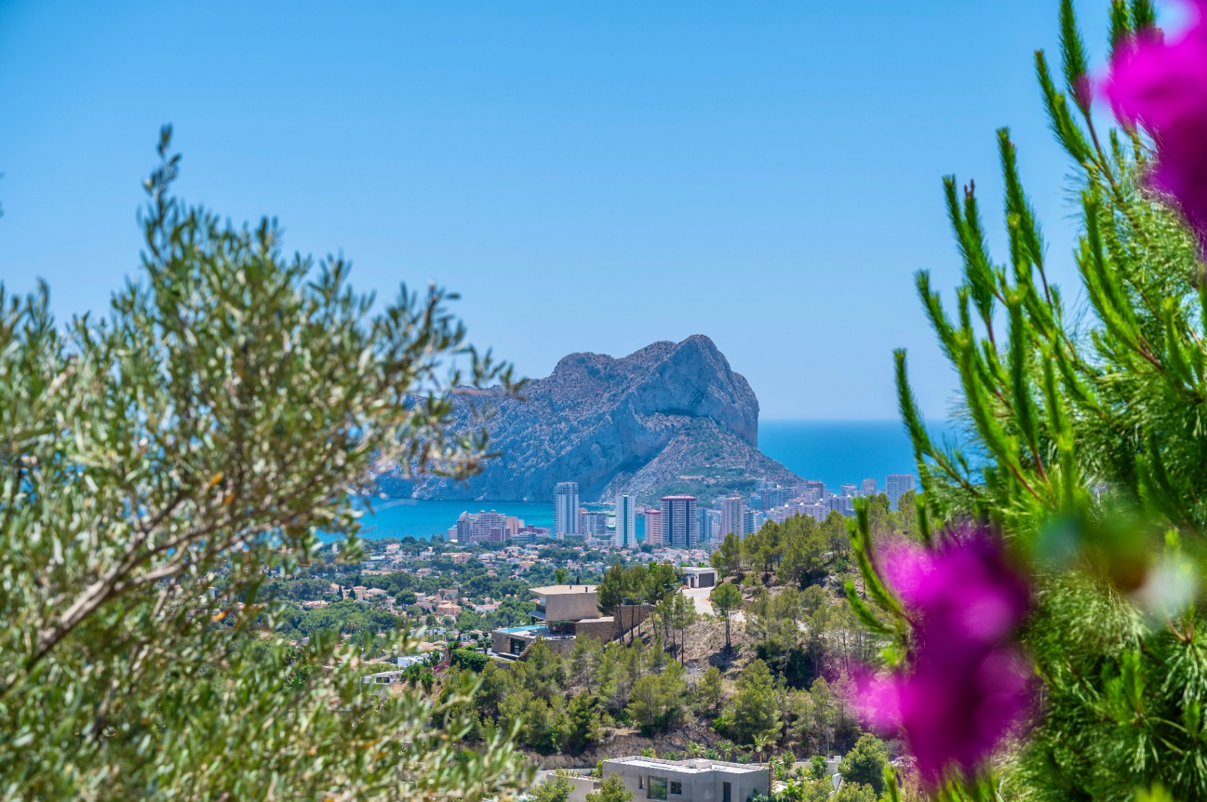 Panoramic view of Peñón de Ifach and Calpe's coastline, framed by Mediterranean foliage, showcasing modern villas on the hillside.