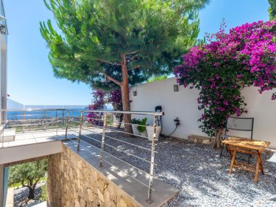 Terrace with modern stainless steel railing and glass, offering panoramic sea views. Adjacent gravel garden features a large pine tree and vibrant purple bougainvillea against a white wall.