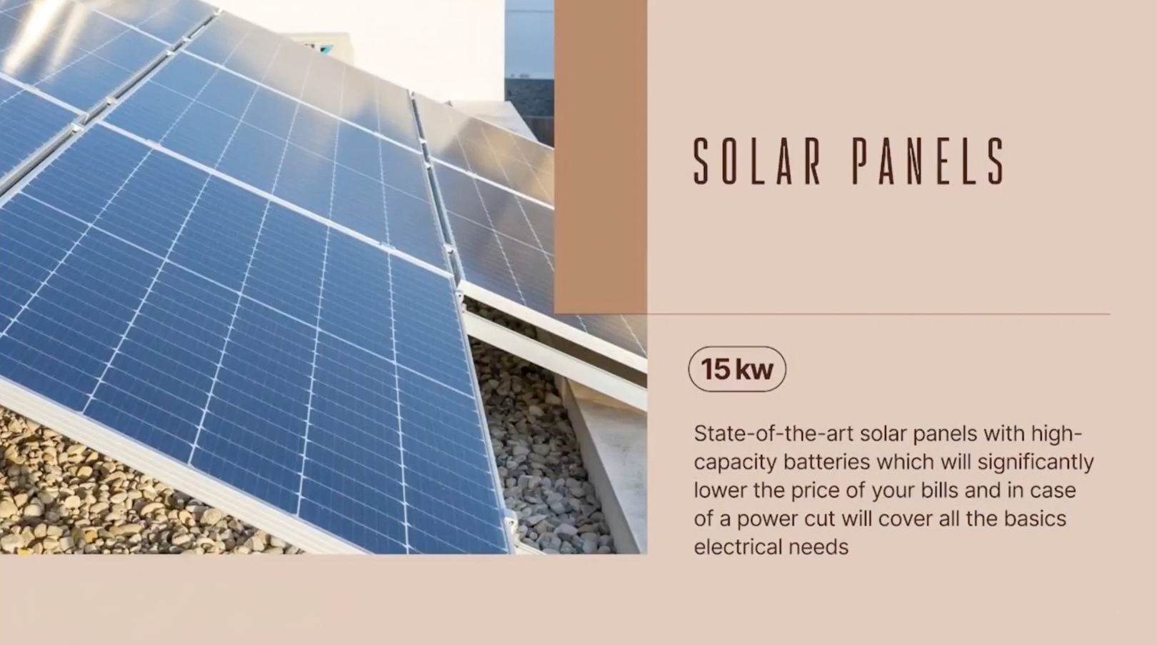Exterior view of the villa's 15 kW solar panel system, mounted on a gravel base, ensuring high energy efficiency and reduced consumption.
