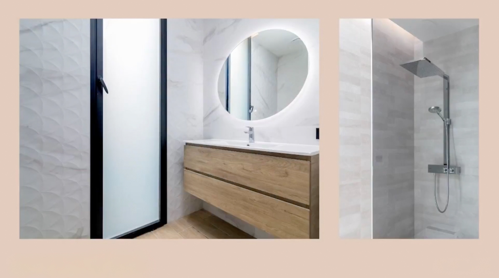 Modern bathroom featuring a floating wooden vanity, an illuminated oval mirror, and a rain shower. Marble-look and textured wall tiles.
