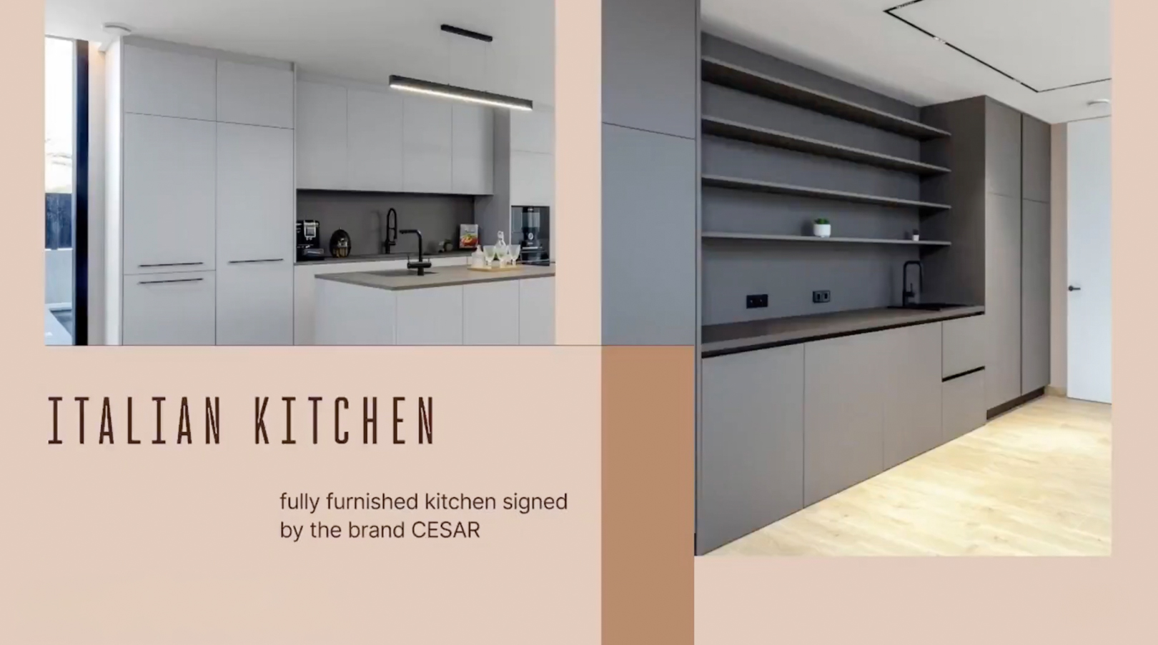 Modern CESAR designer kitchen, featuring a light grey island with integrated sink, complemented by a darker grey wall unit with open shelving and high-end appliances.