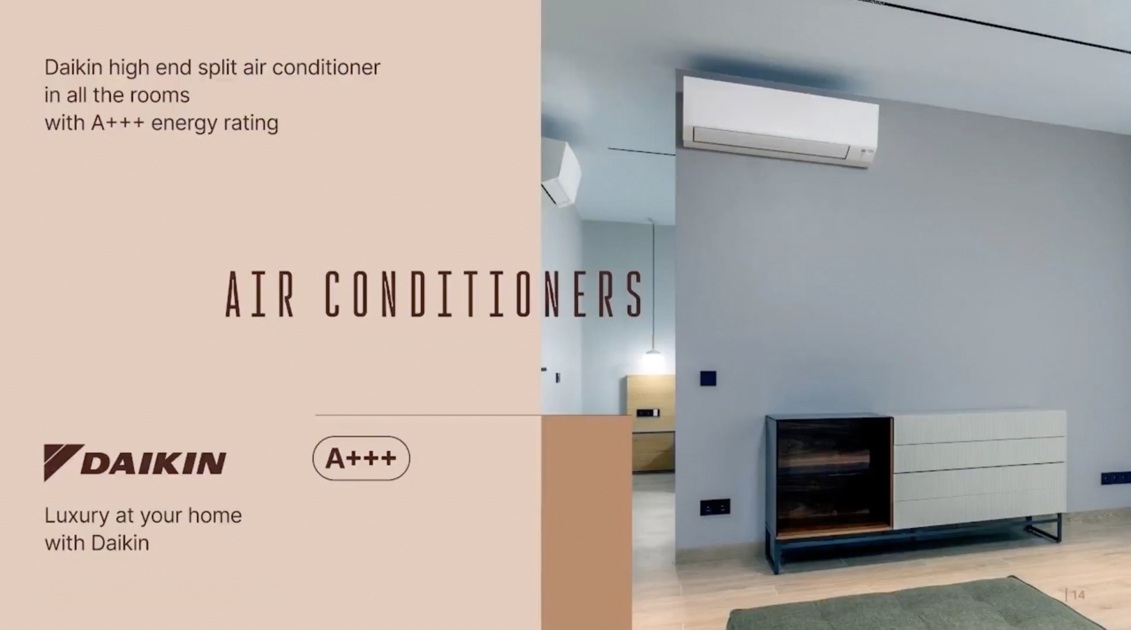 Modern living space featuring a high-efficiency Daikin split air conditioner and a contemporary sideboard with dark wood and ribbed drawers against a light grey wall.