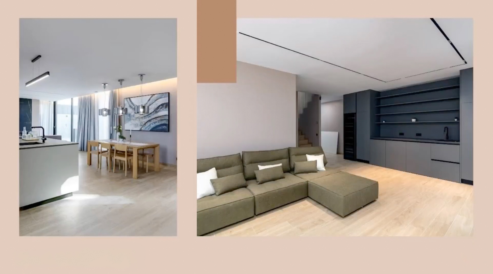 Open-plan living area featuring a modern kitchen island, wooden dining set, and an olive-green sectional sofa. Dark grey built-in storage and sleek lighting complete the contemporary design.