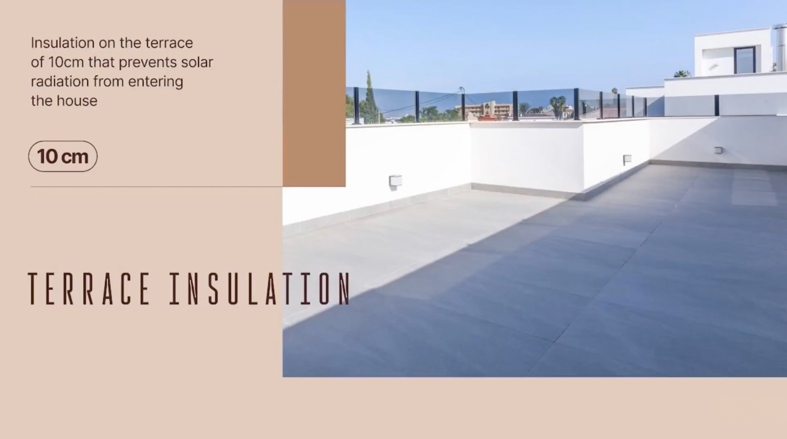 Spacious rooftop terrace featuring light grey large format tiles, white perimeter walls, and a modern glass balustrade under a clear blue sky.