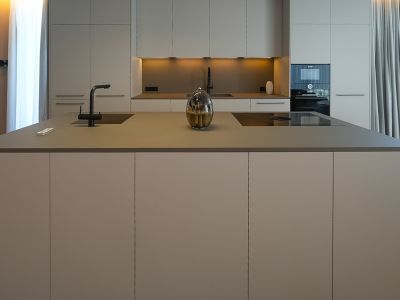 Modern kitchen featuring a central island with integrated sink, induction hob, and sleek neutral-toned cabinetry.