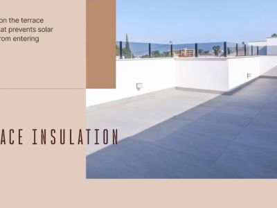 Spacious rooftop terrace featuring light grey large format tiles, white perimeter walls, and a modern glass balustrade under a clear blue sky.
