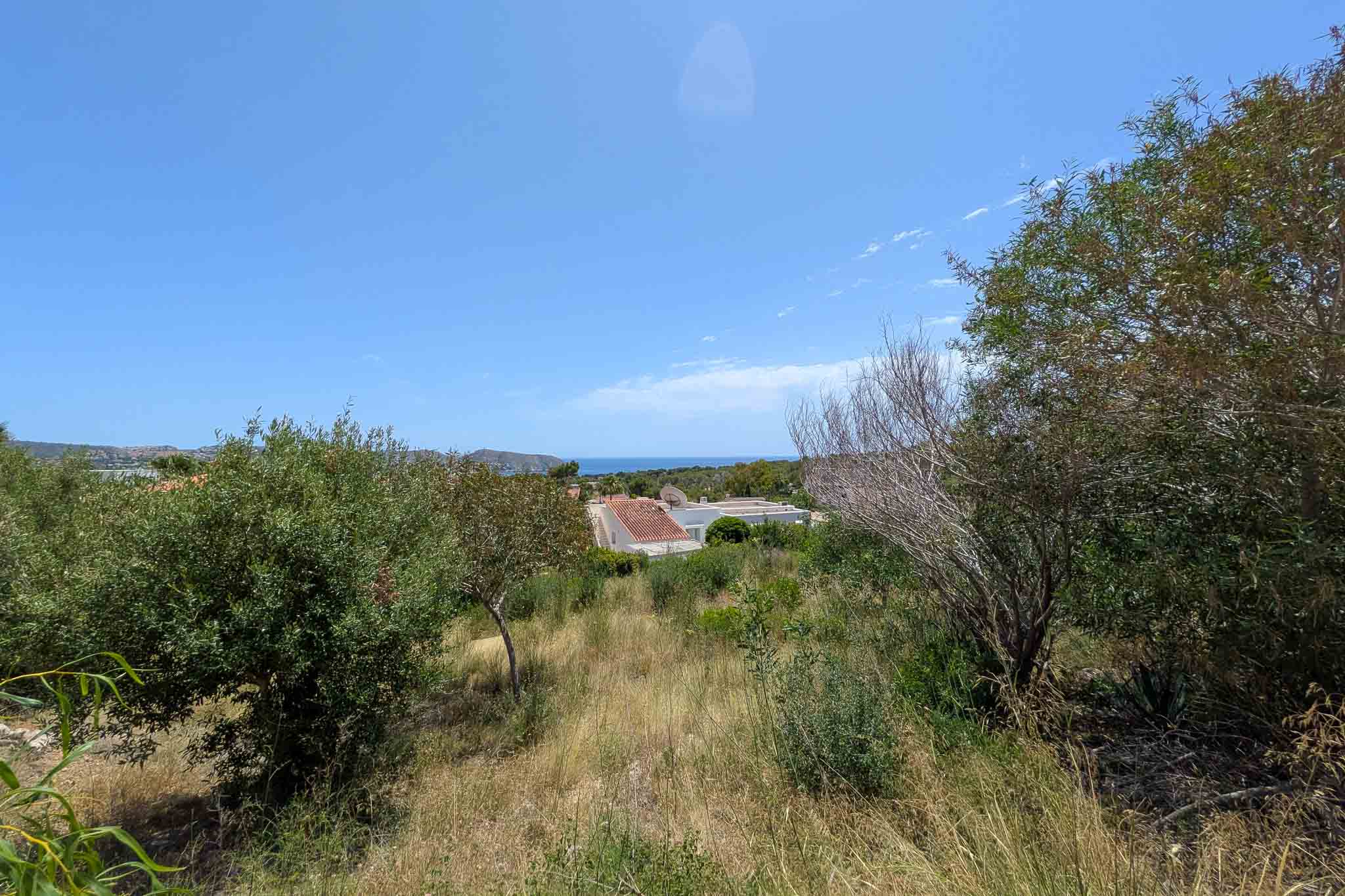 Expansive plot with natural vegetation and distant sea views under a clear blue sky. Residential roofs are visible in the mid-ground, framed by green and dry shrubs.