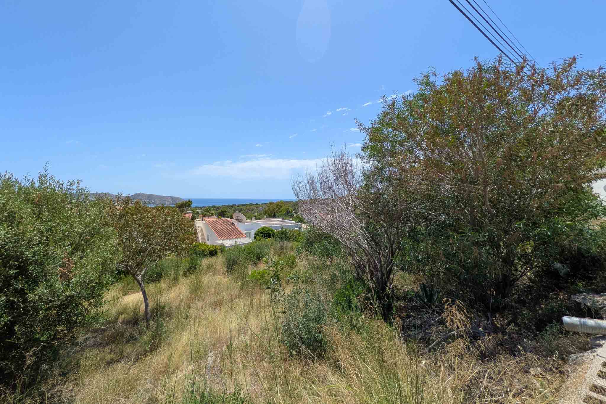 Natural plot with dry Mediterranean vegetation, featuring distant sea and mountain views under a clear blue sky. Gently sloping terrain.