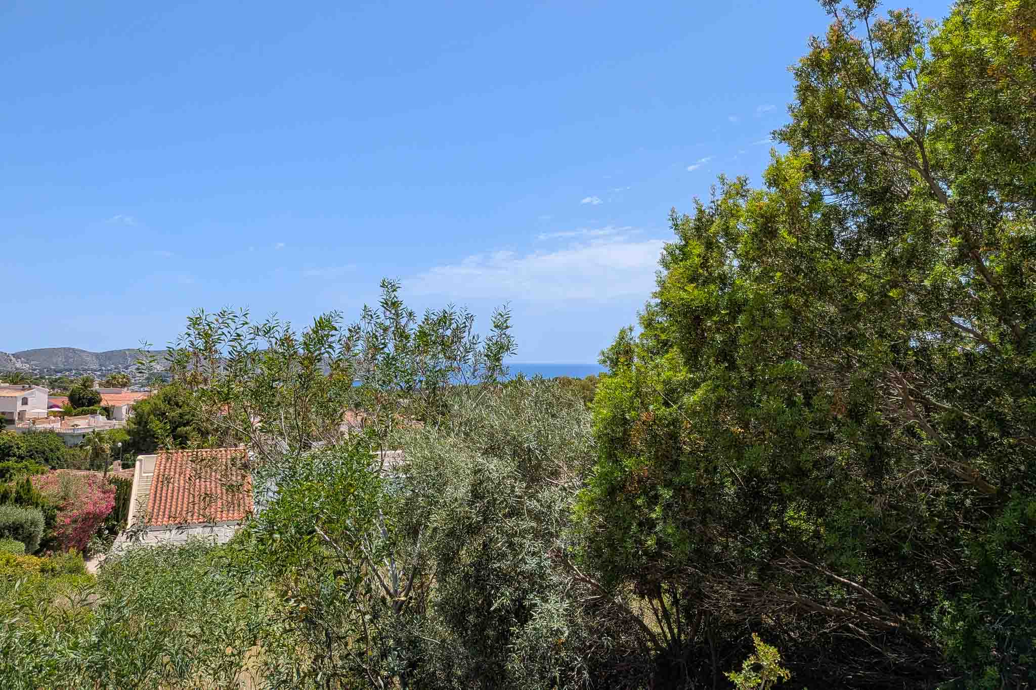 Panoramic view from the plot, featuring lush Mediterranean vegetation in the foreground, residential rooftops, and the distant Mediterranean Sea under a clear blue sky.