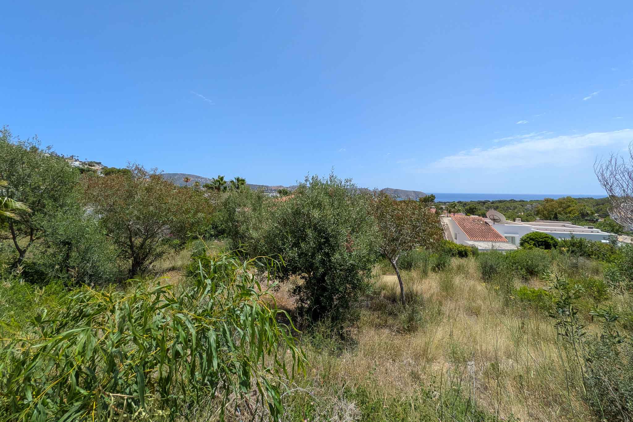 Undeveloped plot with natural Mediterranean vegetation, offering partial sea views framed by residential rooftops and distant hills under a clear blue sky.