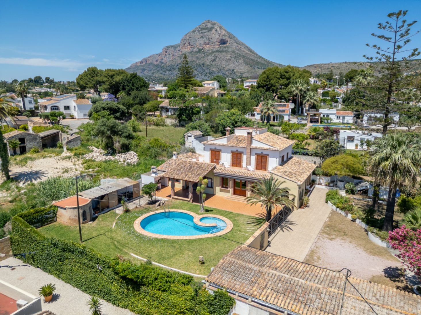 Aerial view of villa with pool