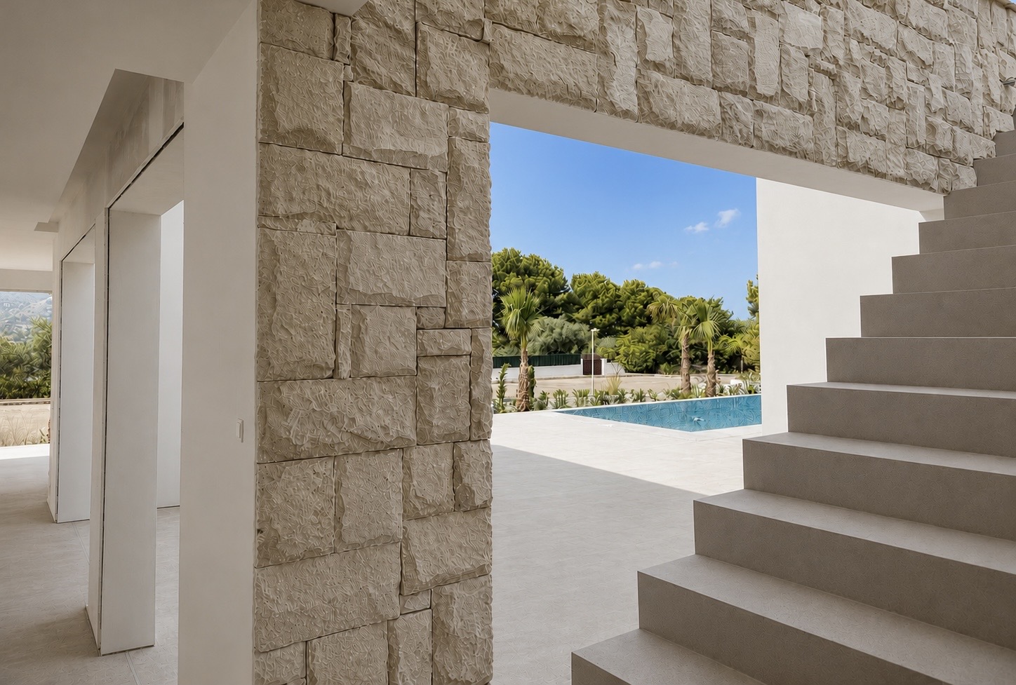 Staircase with pool view