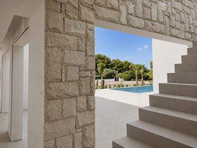Staircase with pool view