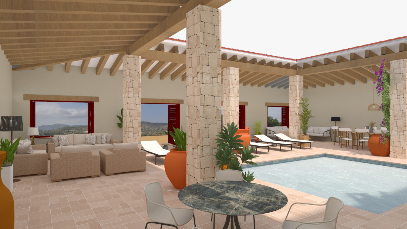 Covered porch with swimming pool