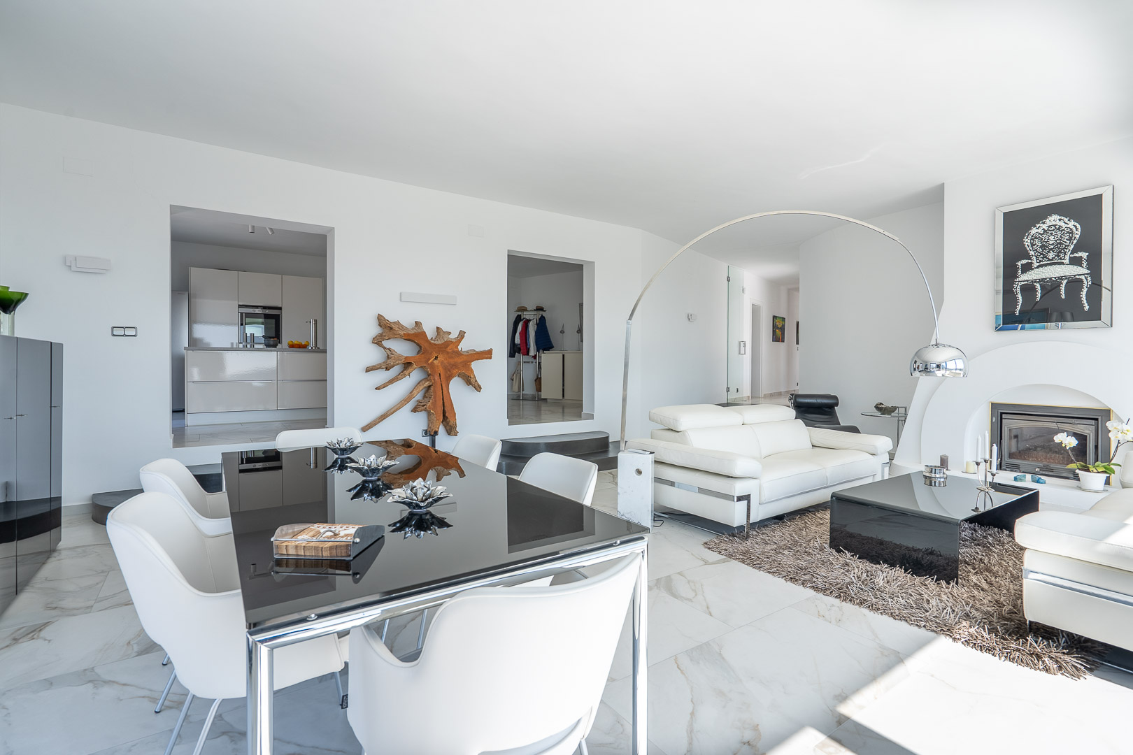 Living and dining area with fireplace