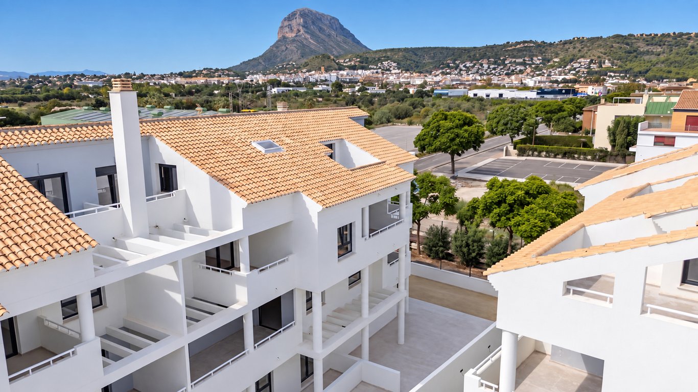 Building exterior with mountain view