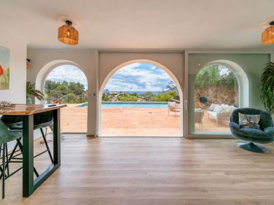 Living room with pool view