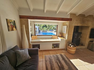 Living room with pool view