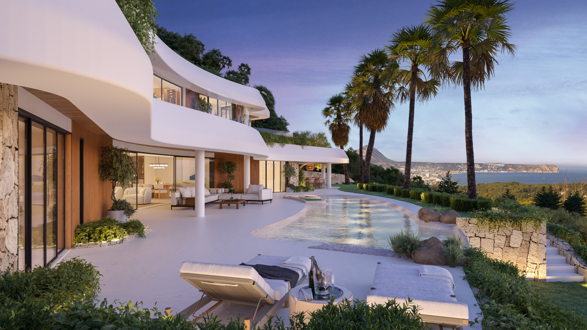 Terrace and pool with sea views