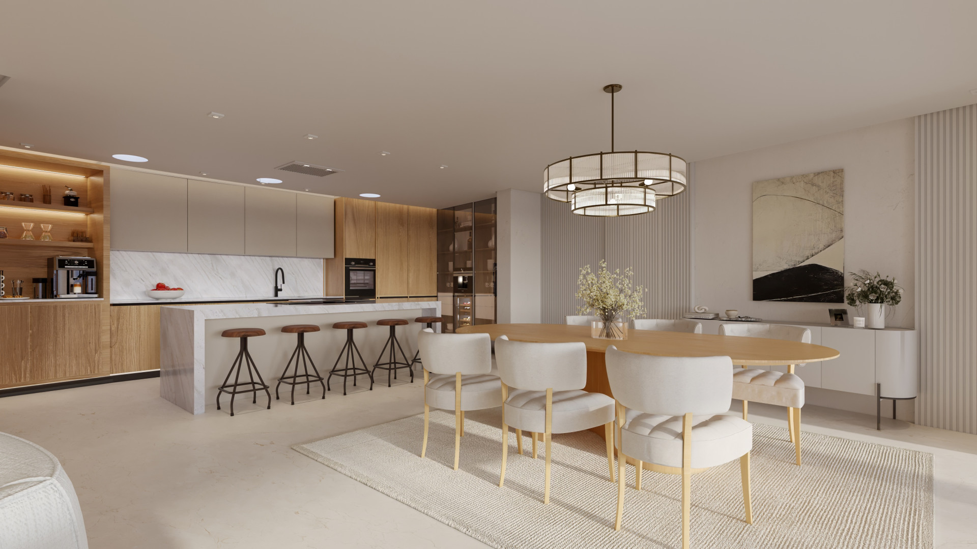 Open kitchen and dining area