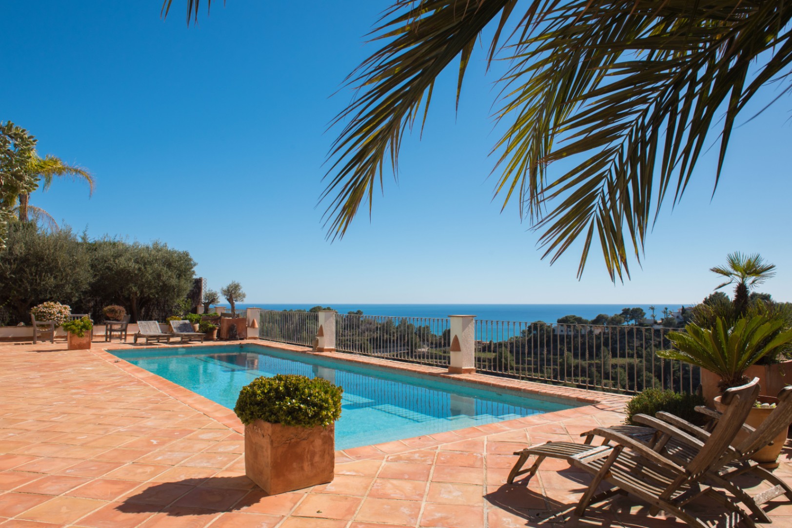 Terracotta tiled terrace featuring a rectangular swimming pool, wooden loungers, and panoramic Mediterranean Sea views framed by palm trees.