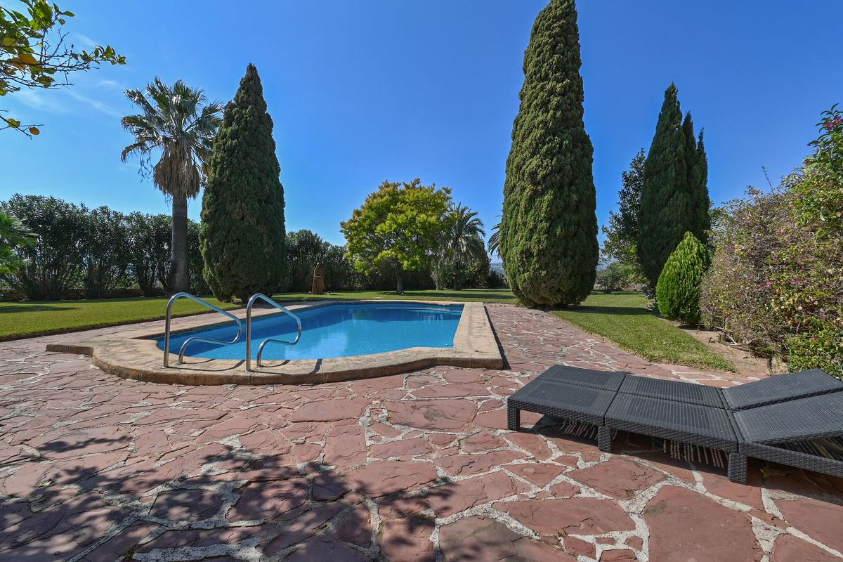 Outdoor swimming pool with irregular stone paving, bordered by mature cypress trees and a manicured lawn area with sun loungers.