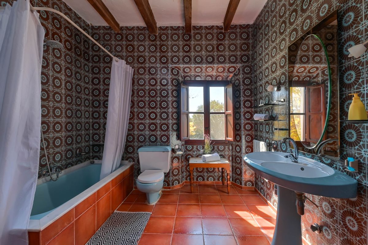 Rustic bathroom featuring geometric wall tiles, pastel blue porcelain fixtures, original wooden beams, and natural terracotta flooring.