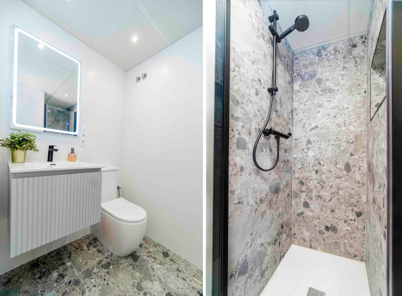 Modern bathroom featuring terrazzo tiling, a fluted white vanity with black fixtures, an LED-backlit mirror, and a walk-in shower with matte black hardware.