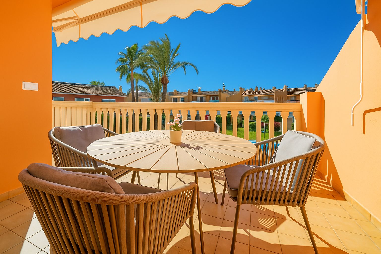 Private terrace with orange walls, a round wooden table, and rope-weave chairs. Features a retractable awning and views of palm trees under a clear sky.