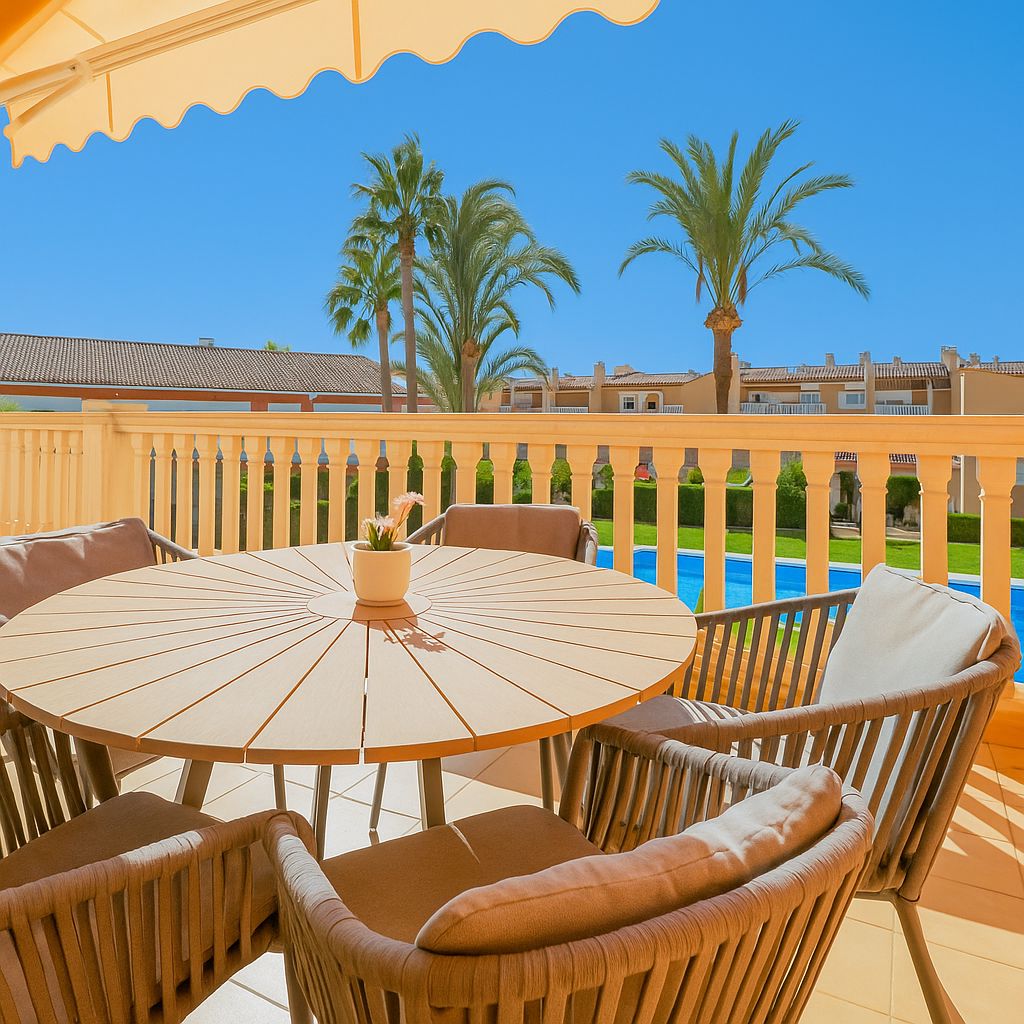 Terrace featuring a round wooden table and woven chairs, overlooking a communal pool and palm trees under a clear sky. A yellow awning provides shade.