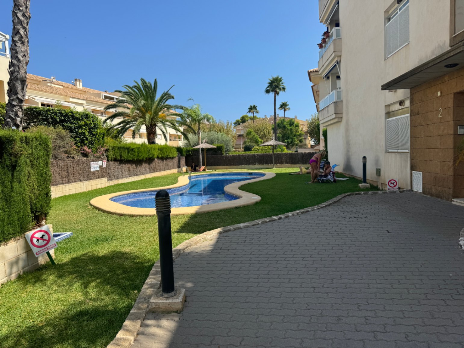Outdoor kidney-shaped pool featuring blue tiling, surrounded by a natural lawn, palm trees, and straw parasols adjacent to the apartment building.