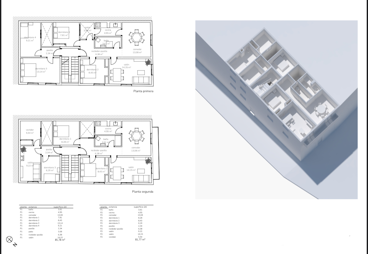 Detailed architectural floor plans and an isometric 3D model illustrating a two-story residential layout with bedrooms, open-plan living areas, and a central staircase.