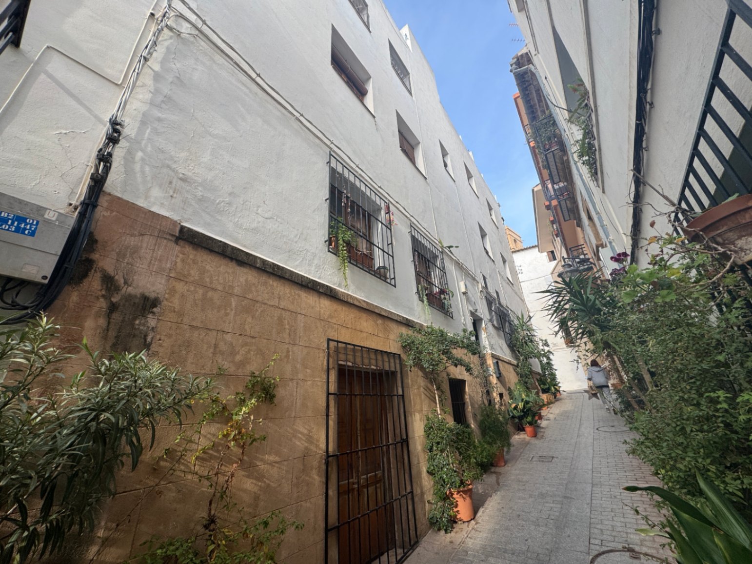 Narrow paved alleyway featuring a traditional white-washed facade with a stone-clad base, wrought iron window grilles, and integrated greenery in terracotta pots.