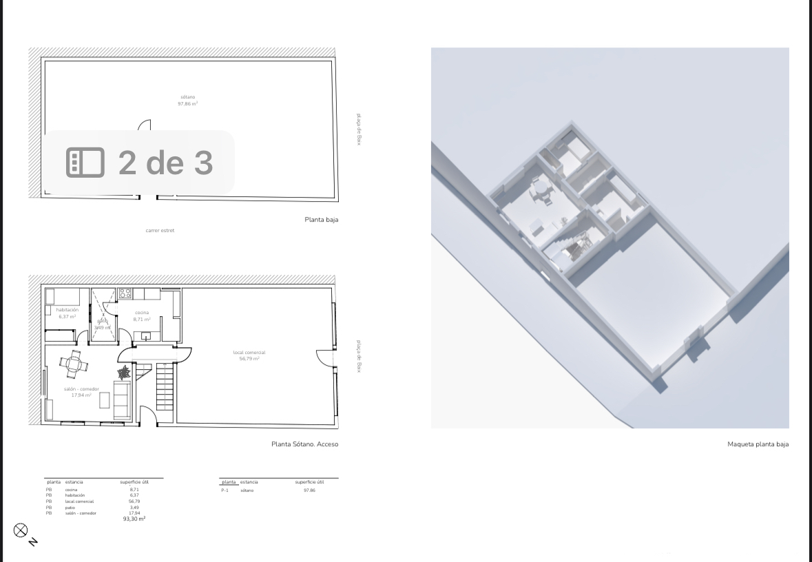 Technical floor plans and 3D model detailing a ground floor layout with a commercial space, living area, kitchen, and a spacious 97 sqm basement level.