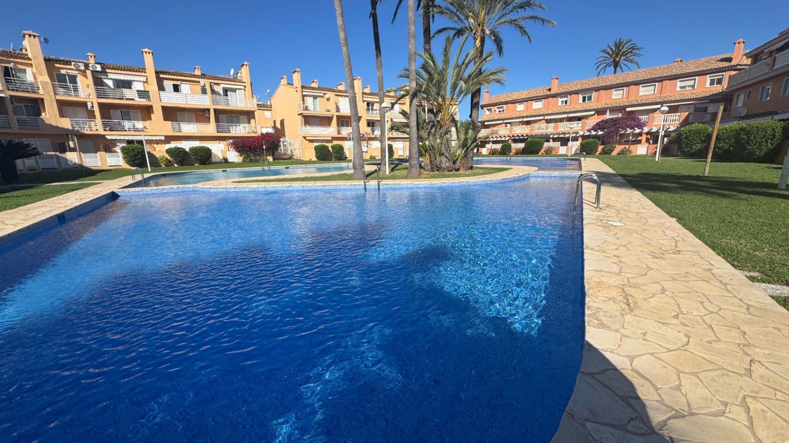 Large communal swimming pool with blue tiling and stone-paved borders, surrounded by landscaped gardens, palm trees, and Mediterranean-style apartment complexes.