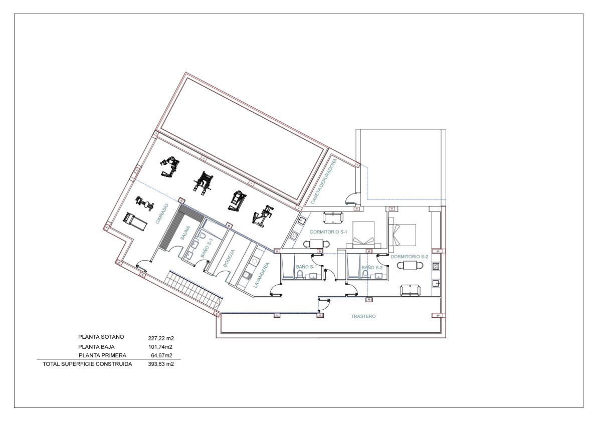 Architectural floor plan of the basement level, including a private gym, sauna, wine cellar, laundry room, and two guest bedrooms with ensuite bathrooms.