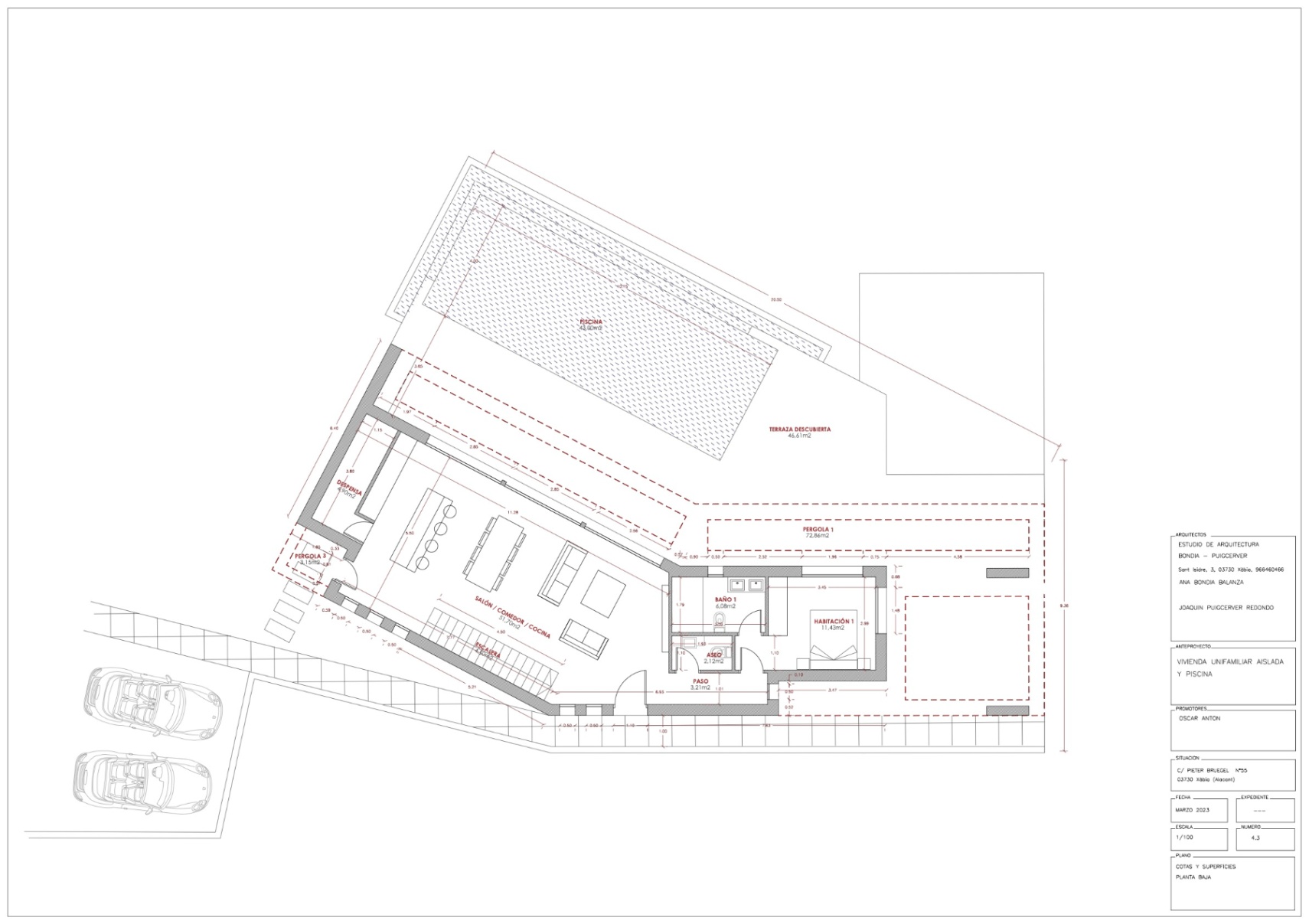 Detailed architectural floor plan of the ground floor, featuring an open-plan living area, a bedroom, a swimming pool, and expansive outdoor terrace spaces.