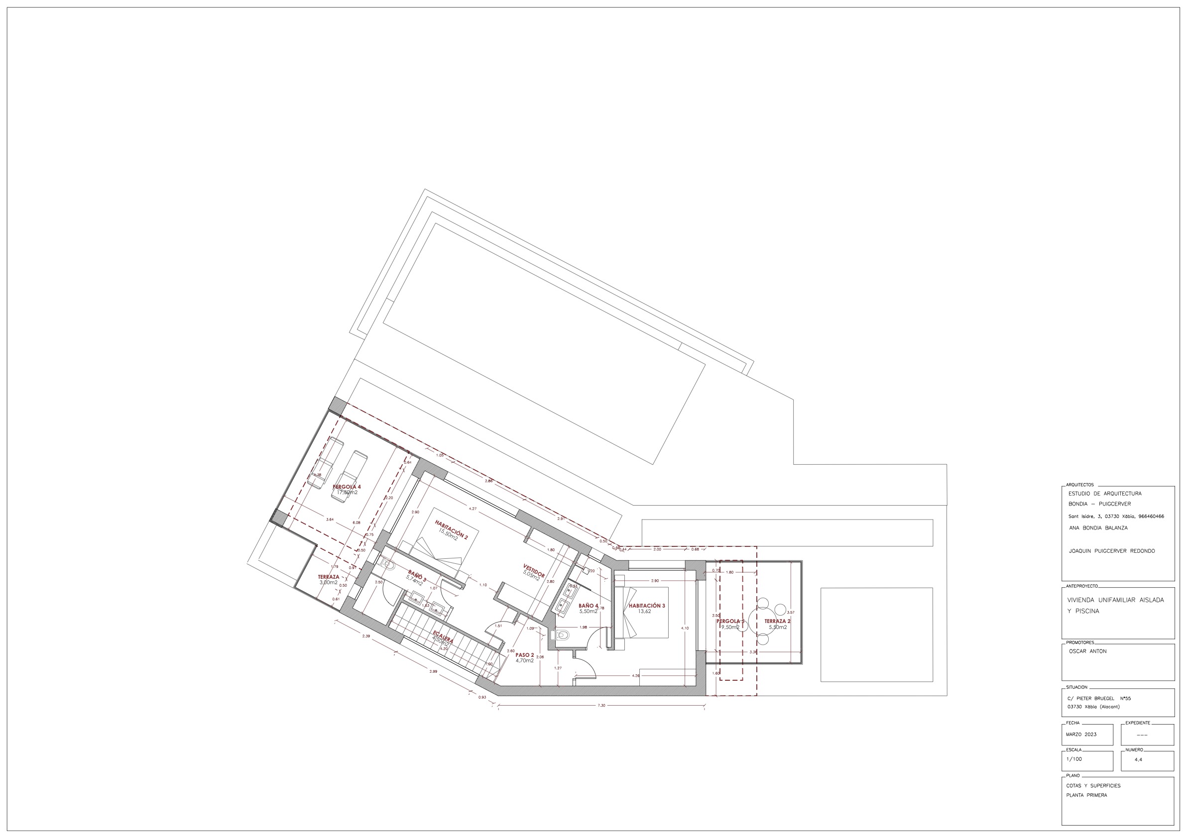 Detailed first-floor architectural plan featuring two bedrooms with en-suite bathrooms, a walk-in closet, and spacious outdoor terraces with a pergola.
