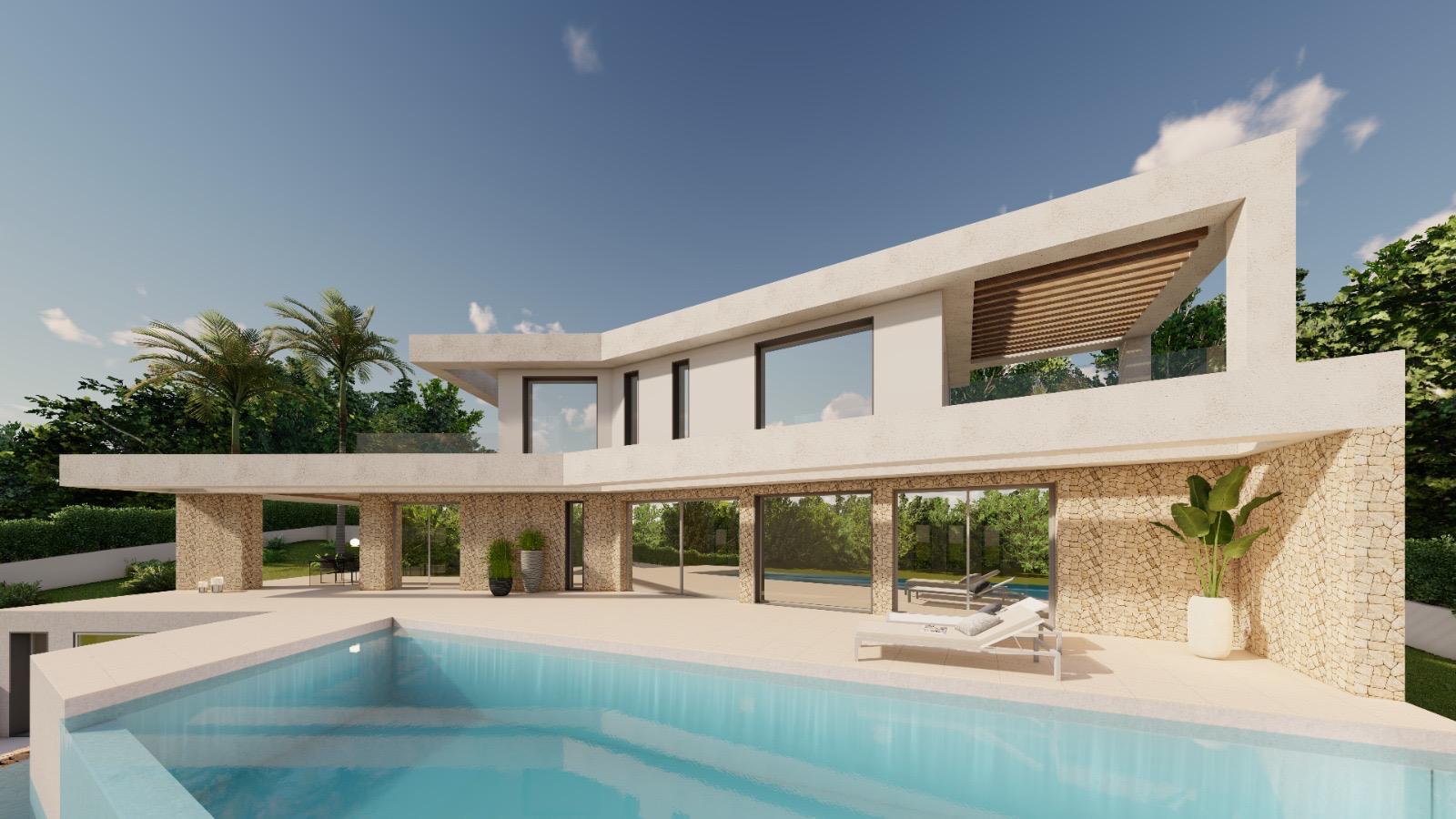 Modern two-story villa featuring a stone-clad ground floor, white upper level with a wooden pergola, and a large infinity pool surrounded by a tiled terrace.