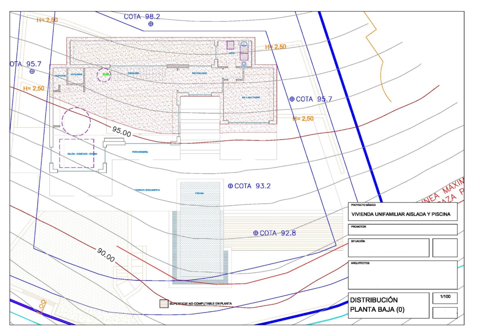 Architectural site plan of the ground floor showing the distribution of the living areas, terrace, and swimming pool integrated into the sloped terrain.