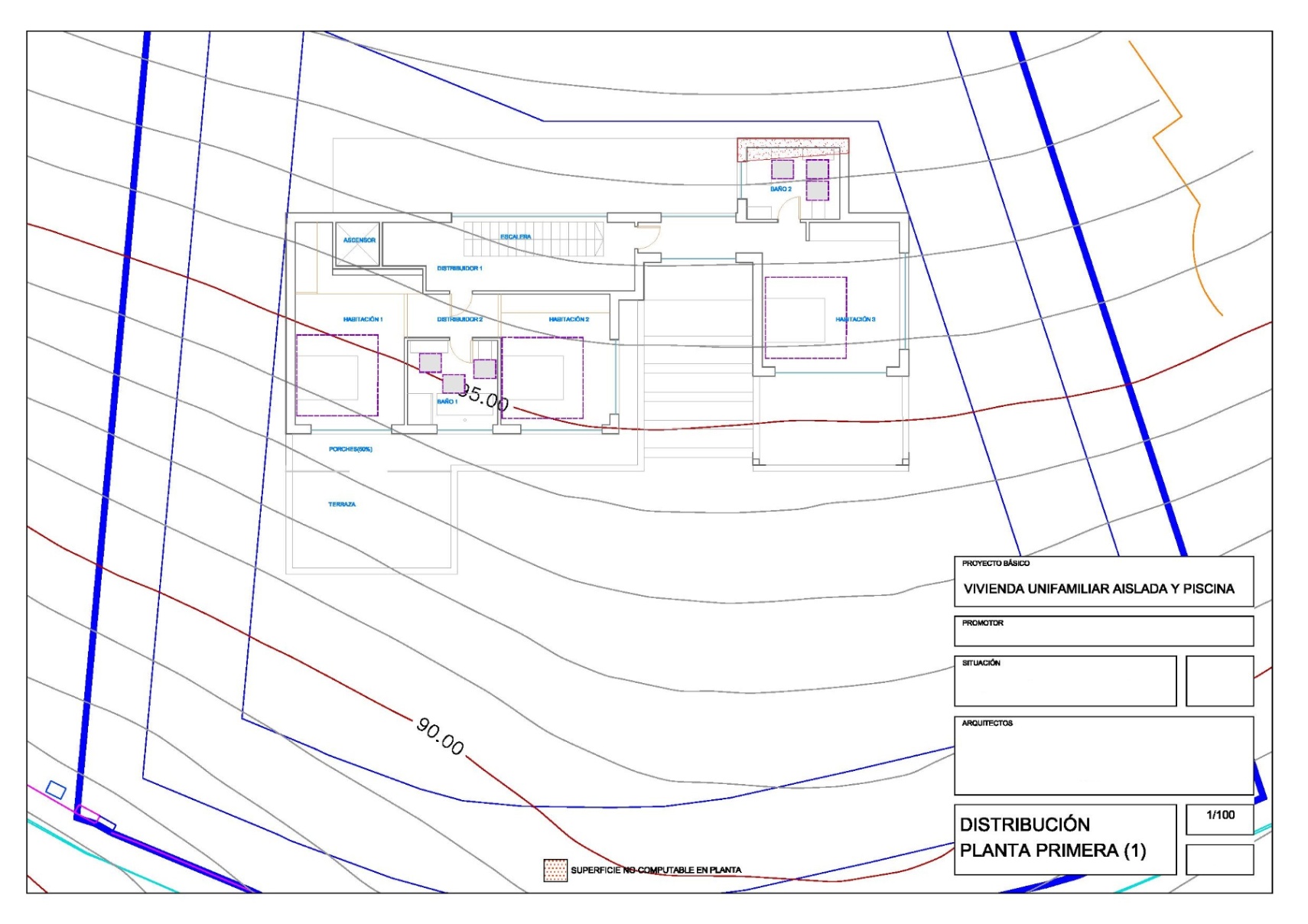 Detailed architectural floor plan showing the first-floor layout, featuring three bedrooms, two bathrooms, elevator access, and a spacious terrace area.