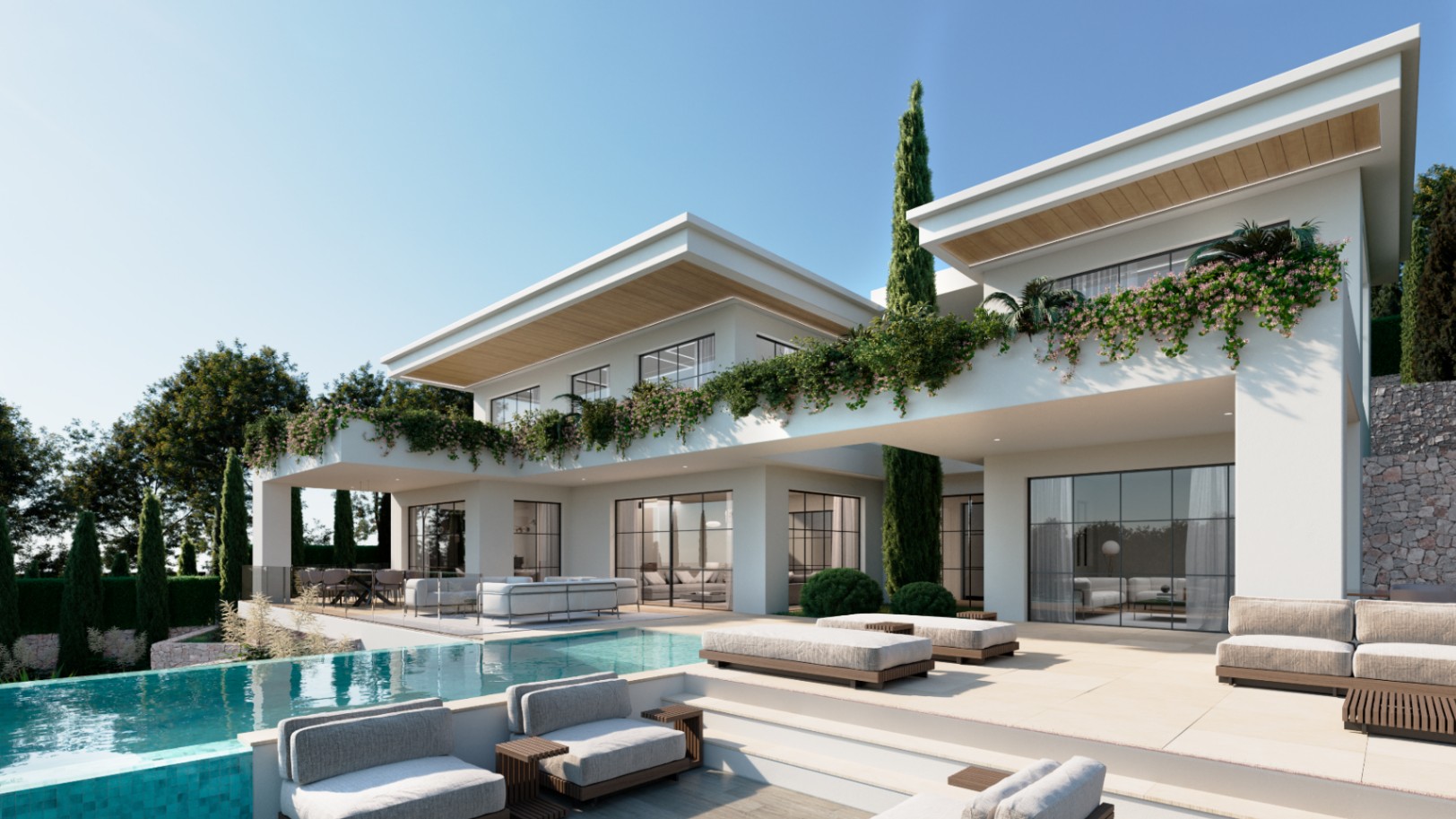 Exterior view of a modern villa with an infinity pool, minimalist lounge furniture, white facades, and terraces adorned with climbing plants and cypress trees.