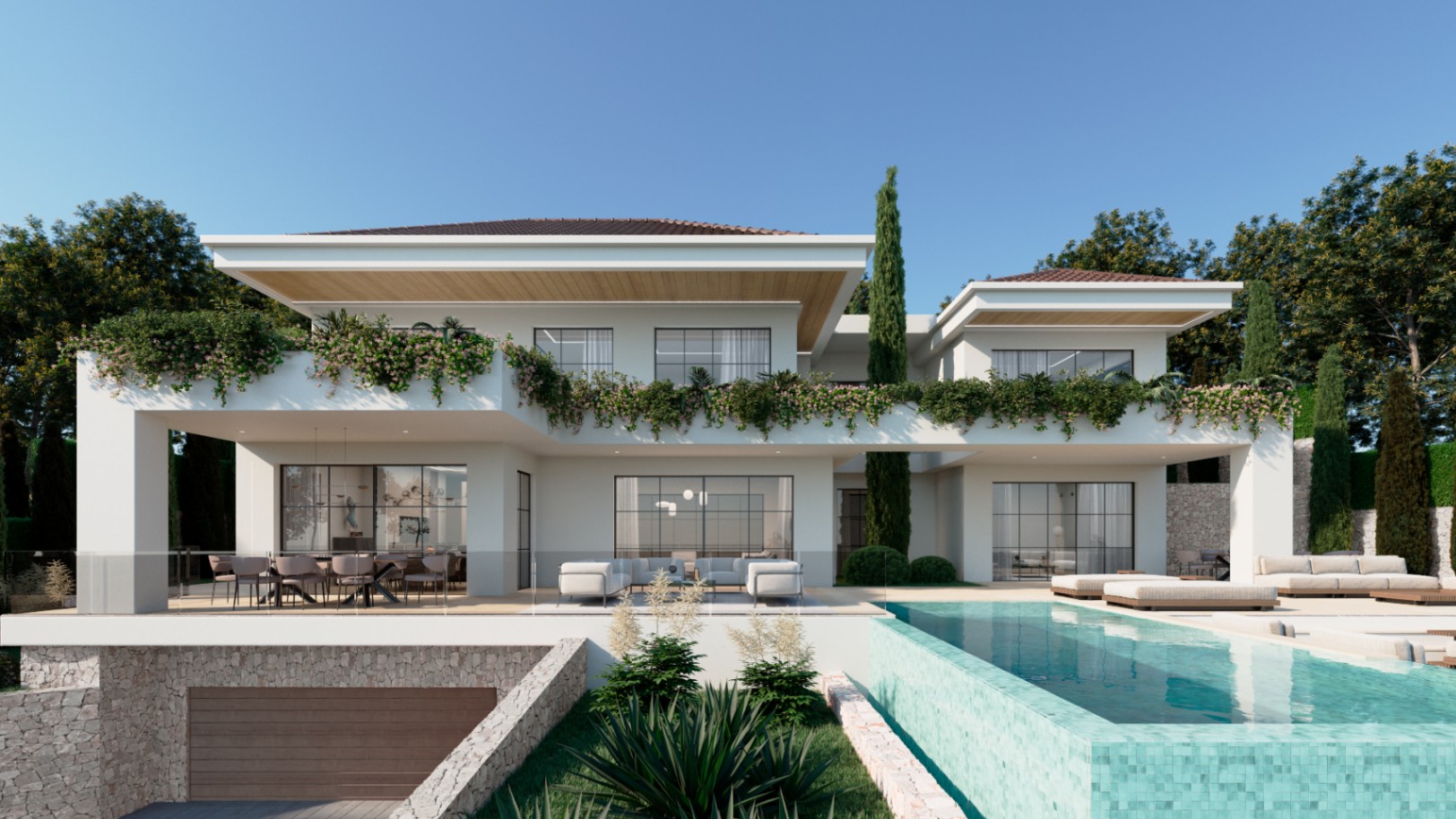 Modern two-story villa featuring an infinity pool with turquoise tiles, a spacious terrace with outdoor dining, and white facades accented by wooden soffits.