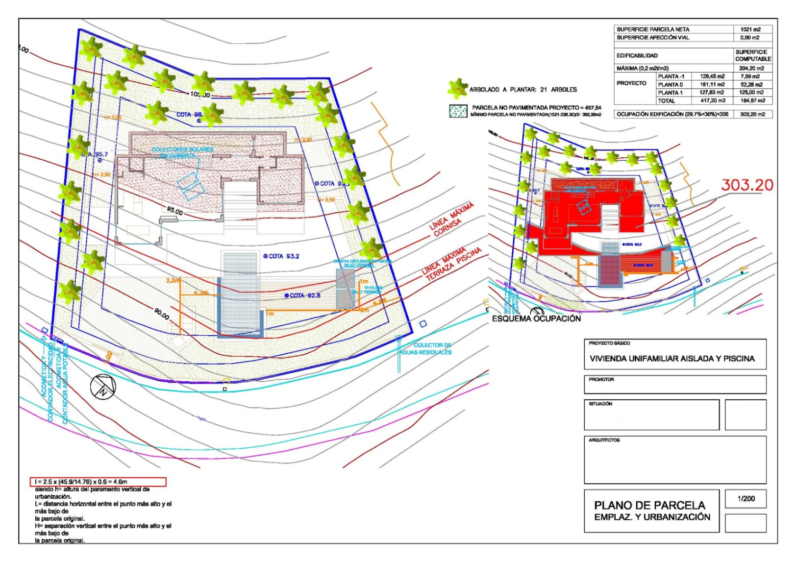 Technical site and urbanization plan showing plot topography, building footprint, swimming pool area, and the strategic placement of 21 trees on the sloped terrain.