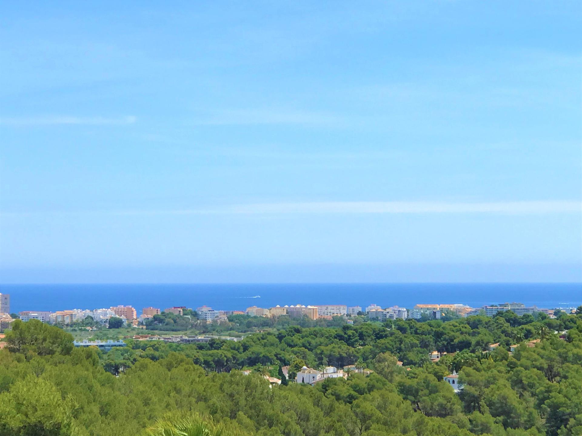 Wide panoramic view of the Mediterranean coastline, featuring a dense pine forest in the foreground and urban coastal architecture against a clear blue horizon.