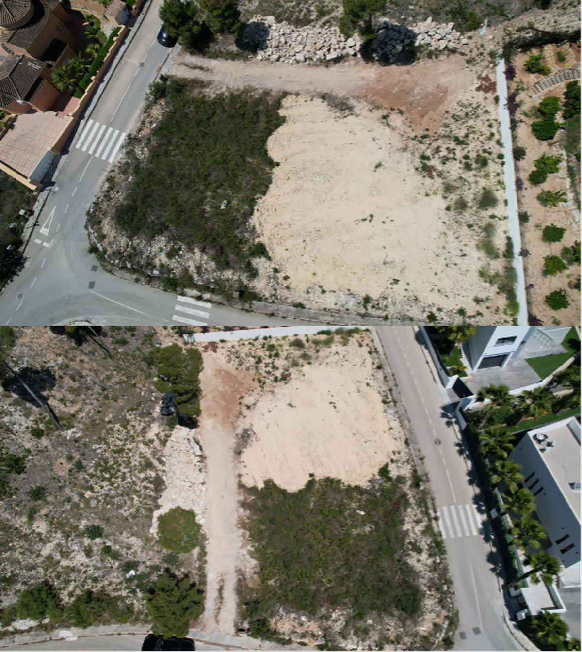 Aerial view of a corner residential plot featuring a cleared sandy building area and natural scrubland, situated adjacent to paved roads and modern villas.