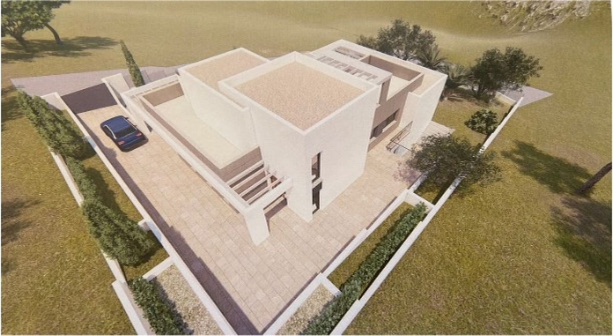 Aerial view of a modern cubic villa featuring light stone facades, integrated pergolas, and a paved driveway, set within a landscaped plot with Mediterranean trees.