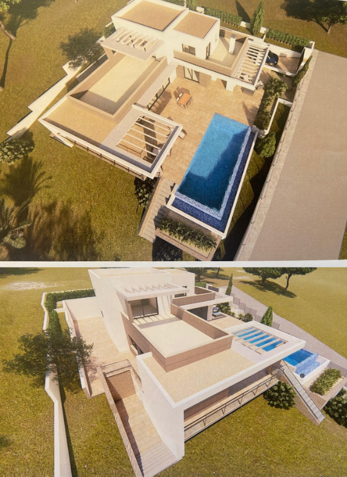 Architectural rendering of a multi-level modern villa featuring an infinity pool, expansive stone terraces, and integrated pergolas set within a landscaped garden.